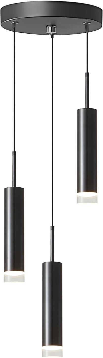 KCO Lighting Modern Black 3-Light LED Cylinder Pendant Light Contemporary Adjustable Kitchen Island Cluster Pendant Lighting Nordic Round Metal Long Tube Hanging Ceiling Pendant Lights