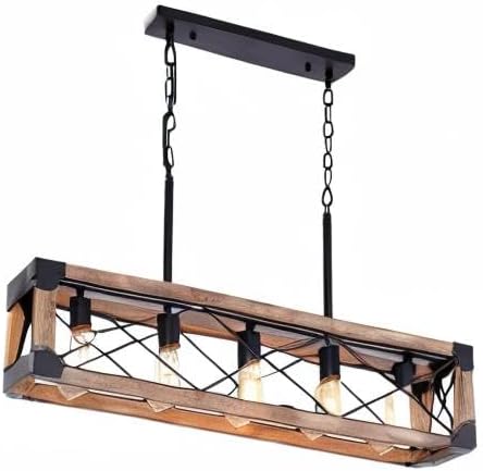 Airposta Kitchen Island Lighting, 33.5-Inch 5 Lights Farmhouse Linear Chandelier for Dining Room Pool Table Pendant Light Fixture, Rustic Wood Grain Finish, Industrial Pendant Light