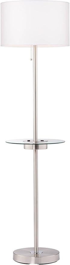 360 Lighting Caper Modern Floor Lamps 60.5" Tall Set of 2 with Tray Table USB and AC Power Outlet Brushed Nickel White Fabric Drum Shades Living Room Reading House Bedroom