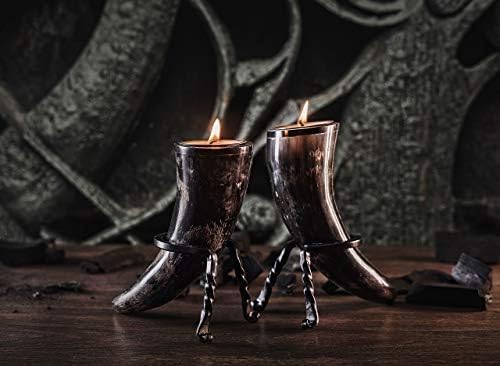 Genuine Ox-Horn Candle Sticks (2) with Tea Light Candles and Wrought Iron Stands Included