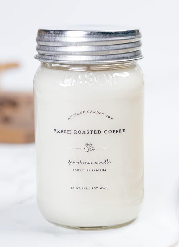 Antique Candle Co.® Fresh Roasted Coffee 16 Ounce Soy Wax Candle, 80 Hour Burn Time, Cotton Wick, Mason Jar Candle (Fresh Roasted Coffee)