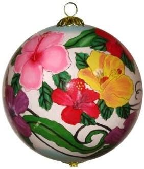 Colorful Hibiscus Kauai Christmas Ornament Hand Painted Glass 15B/K