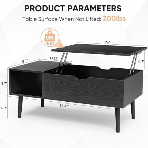 Sweetcrispy Coffee Table Lift Top Coffee Tables for Living Room,Small Rising Wooden Center Tables with Storage Shelf and Hidden Compartment, Black