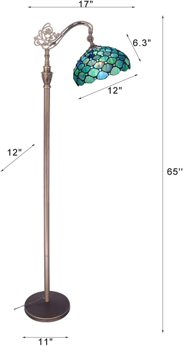 Tiffany Floor Lamp Stained Glass Lamp 18.88X12X67 Inch Angle Adjustable Arched Gooseneck Antique Reading Light (Sea Blue Pearl)