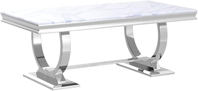 Asday Silver Coffee Table, Grey Rectangular Living Room Table with Silver Mirrored Metal U-Base, Sofa Coffee Table for Living Room, Guest Hall, Reception Room