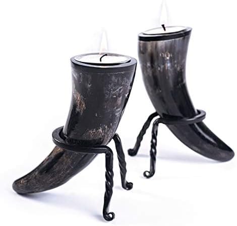 Genuine Ox-Horn Candle Sticks (2) with Tea Light Candles and Wrought Iron Stands Included