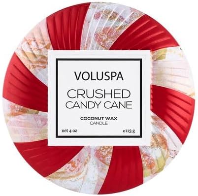 Voluspa Crushed Candy Cane, Mini Tin Candle, 4 oz, 25 Hour Burn Time, Coconut Wax for Clean Burning, Handcrafted in The USA