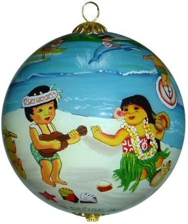 Adorable Hula Kids Collectible Ornament Aloha Kauai Hand Painted Glass with Gift Box CP/K