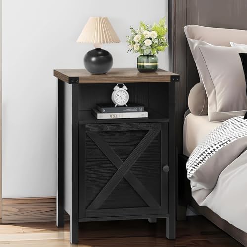 Black Farmhouse Nightstand, Side Table, End Table with Barn Door and Shelf, Rustic Modern Bed Night Stand for Bedroom, Living Room