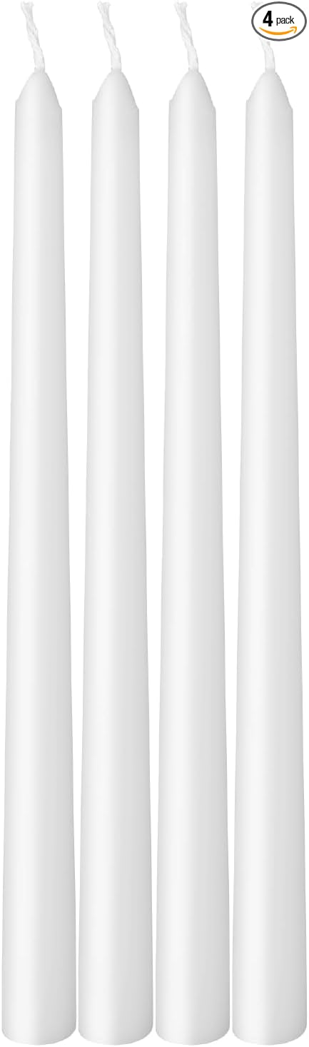 4 Pack 10-inch White Taper Candles, Unscented Smokeless Dripless Tall Candlesticks, for Home Decor, Dinner Table, Parties, Christmas, Thanksgiving, Wedding