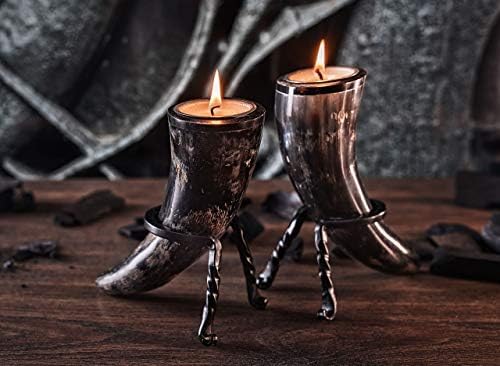 Genuine Ox-Horn Candle Sticks (2) with Tea Light Candles and Wrought Iron Stands Included