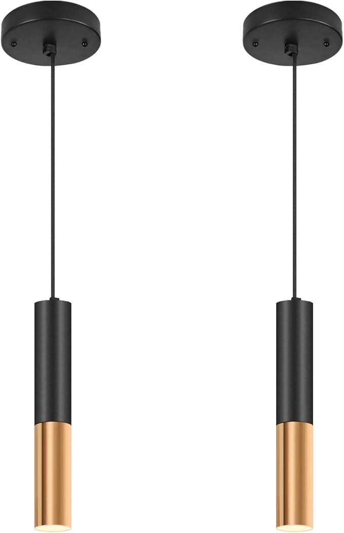 Simple and Modern Black Cylindrical Pendant, 1-Light Chandelier with Adjustable Rope, Matching GU10 Sockets for Living Room, Bedroom and Dining Room (Wide Beam Angle) (2 Pack)