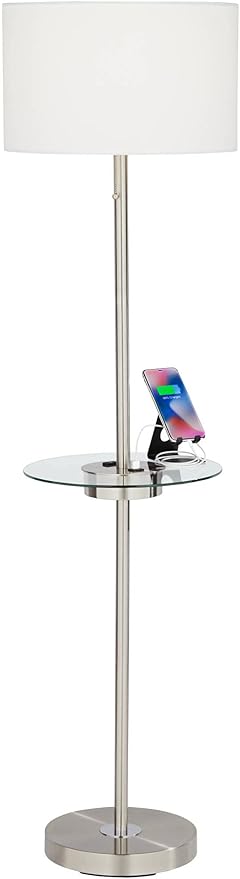 360 Lighting Caper Modern Floor Lamps 60.5" Tall Set of 2 with Tray Table USB and AC Power Outlet Brushed Nickel White Fabric Drum Shades Living Room Reading House Bedroom