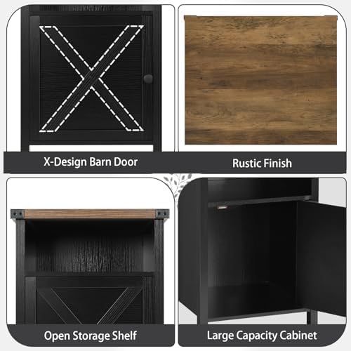Black Farmhouse Nightstand, Side Table, End Table with Barn Door and Shelf, Rustic Modern Bed Night Stand for Bedroom, Living Room