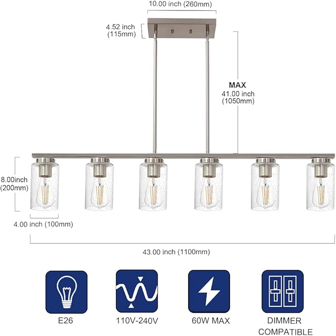 TODOLUZ 6-Lights Farmhouse Chandelier Island Lighting with Seeded Glass Shade, Modern Hanging Ceiling Light Fixtures for Kitchen Bar in Brushed Nickel