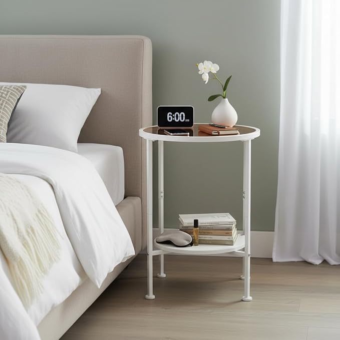Tempered Glass Side Table with Storage Shelf for Small Spaces,16.15" 2 Tier Round Glass End Table, Small Side Table with Storage for Living Room,Round Bedside Table for Bedroom (White)