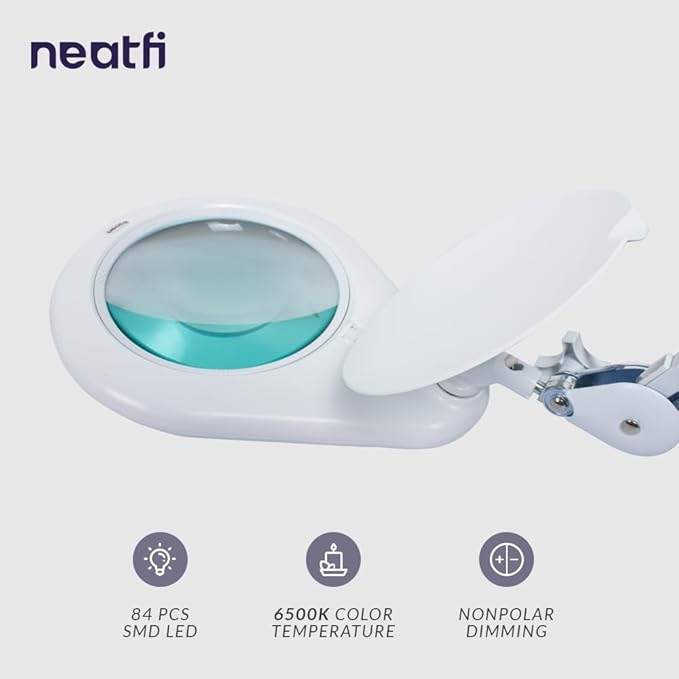 Neatfi Elite XL HD Super LED Magnifying Lamp with Clamp, Glass Lens, 6500K, Glare-Free (7 Inch Lens, White)
