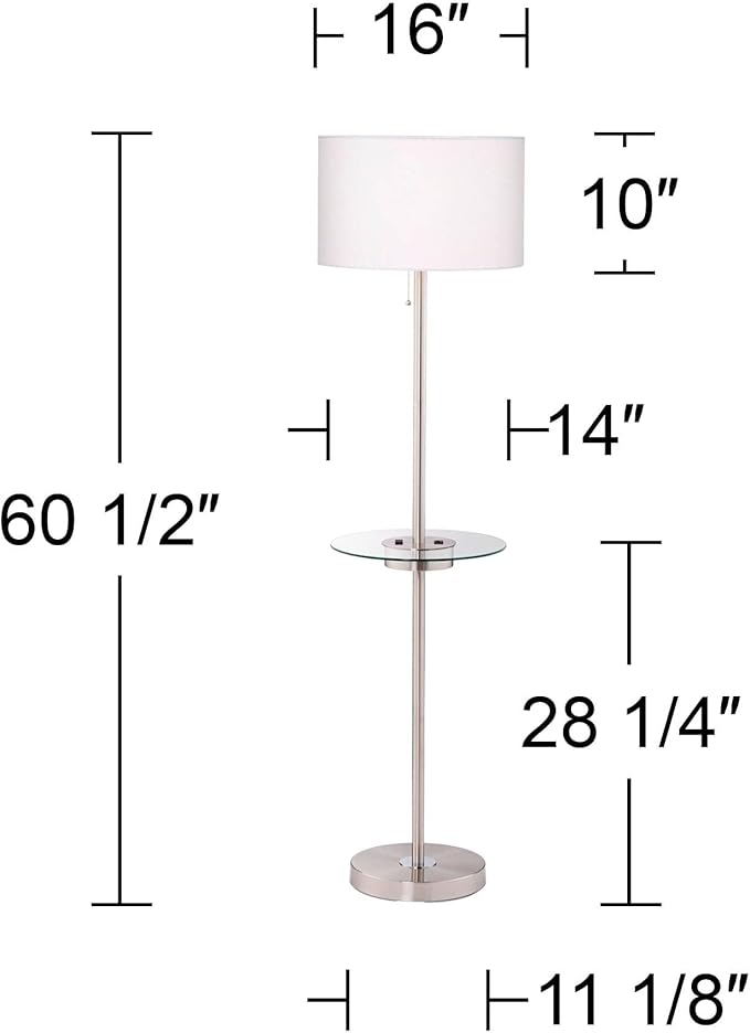 360 Lighting Caper Modern Floor Lamps 60.5" Tall Set of 2 with Tray Table USB and AC Power Outlet Brushed Nickel White Fabric Drum Shades Living Room Reading House Bedroom