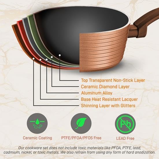 NutriChef 12-Piece Hard Anodized Nonstick Cookware Set - Induction Ready Pots & Pans with Elegant Ridge-Line Pattern, Heat-Resistant Lacquer, Brown
