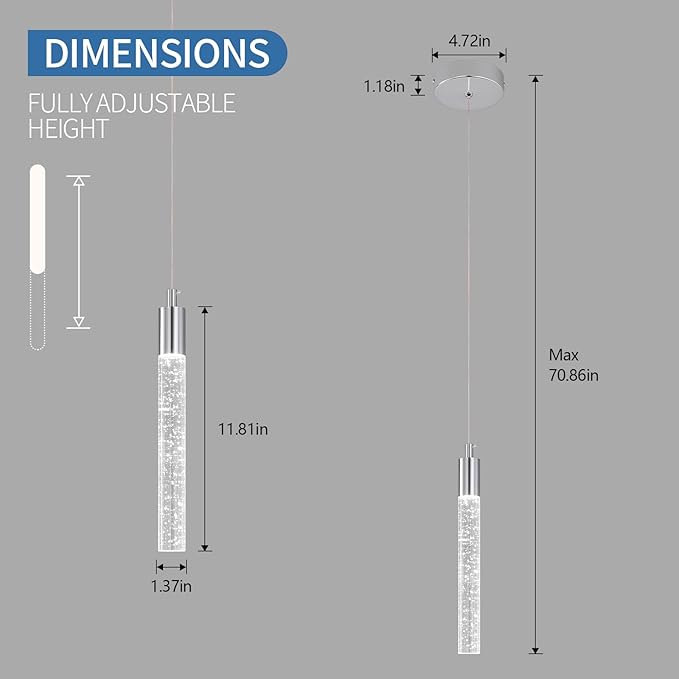 Modern Kitchen Island Pendant Light Dimmable LED Chrome Finish Mini Crystal Pendant Lighting Bedroom Bedside Table Small Pendant Lights（2-Pack）