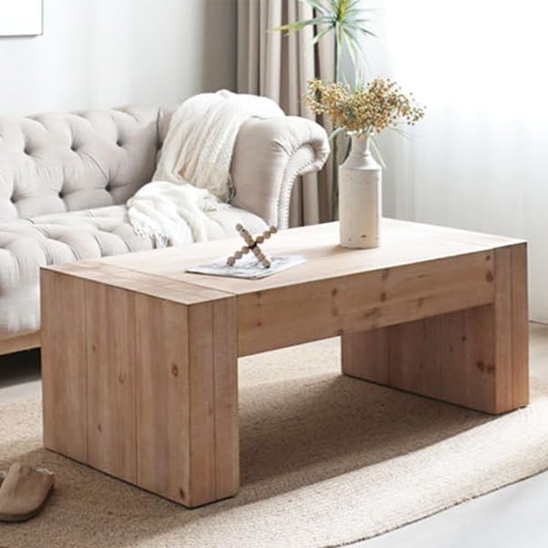 Natural Wood Coffee Tables for Living Room, Rectangle Cocktail Table Wooden Room Table, Rustic Coffee Table for Office and Apartment