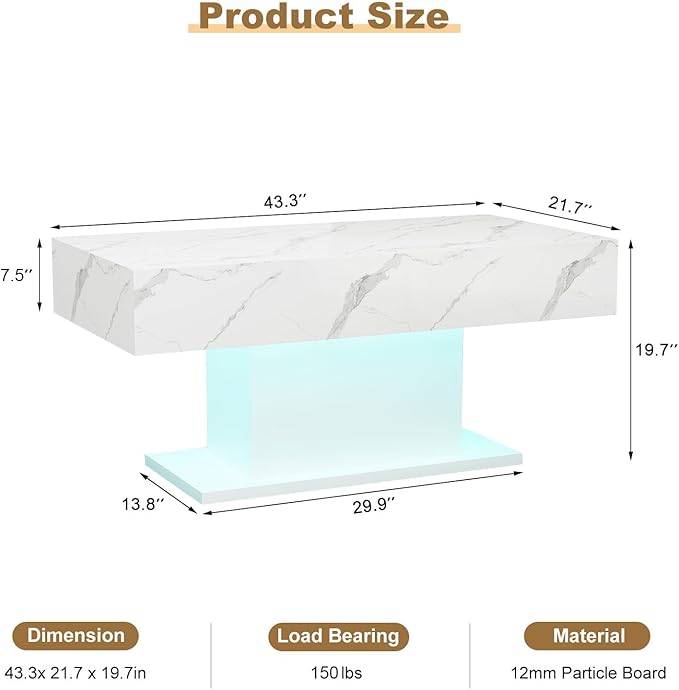 Led Coffee Table for Living Room, Living Room Table Rectangular Center Table, Modern High Glossy Wooden Coffee Tables with 16 Colors LED Lights for Dining Reception Room, White Marble