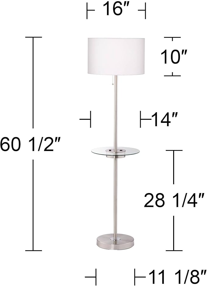 360 Lighting Caper Modern Floor Lamp with Tray USB and AC Power Outlet on Table Glass 60.5" Tall Satin Nickel White Fabric Drum Shade for Living Room Reading House Bedroom