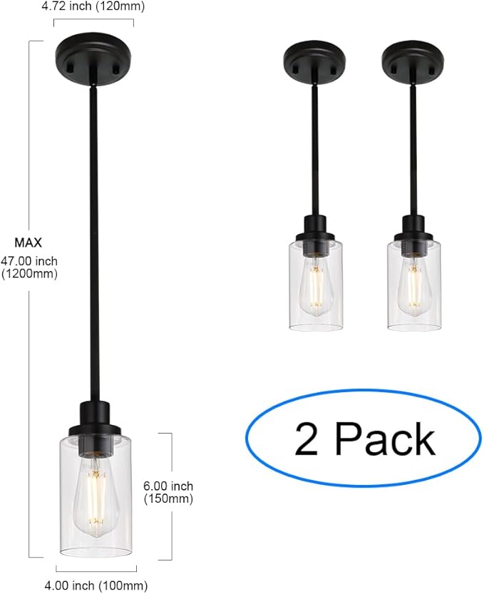 MELUCEE 2-Pack Pendant Light Black Adjustable Hanging Light Fixtures Ceiling with Clear Glass Shade, Set of Two Mini Pendant Lighting for Kitchen Island Hallway Porch Corridor