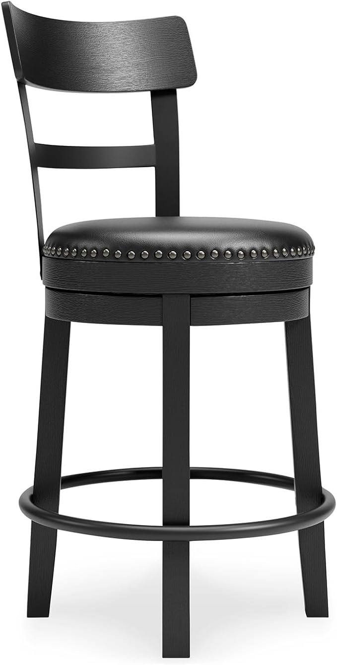 Signature Design by Ashley Valebeck Faux Leather Upholstered Swivel Barstool, Nailhead Trim, Solid Wood, 16.75" W x 19.75" D x 37.25" H, Antique Black
