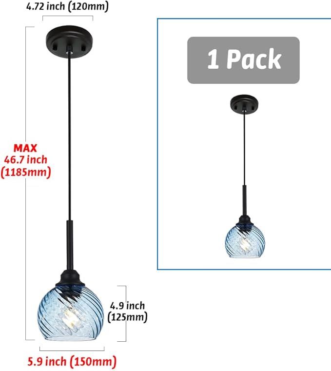 Kitchen Pendant Lighting Over Sink 1-Light Hanging Lights for Kitchen Blue Glass Pendant Lights with Striped Swirl Glass Shade, Suit for Dining Room Bar Hallway