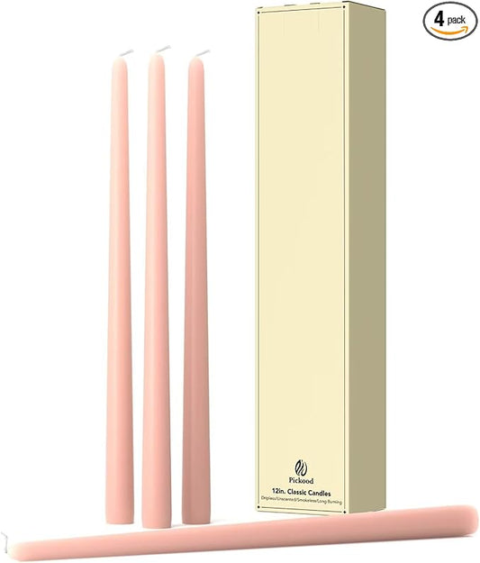 12-Inch Tall Dripless Taper Candles Set of 4 - Pearl Pink Tapered Candles, Perfect for Christmas - Smokeless, Unscented, Long Burning - Hand Poured, Colored Tall Candlesticks - Rosa Perla