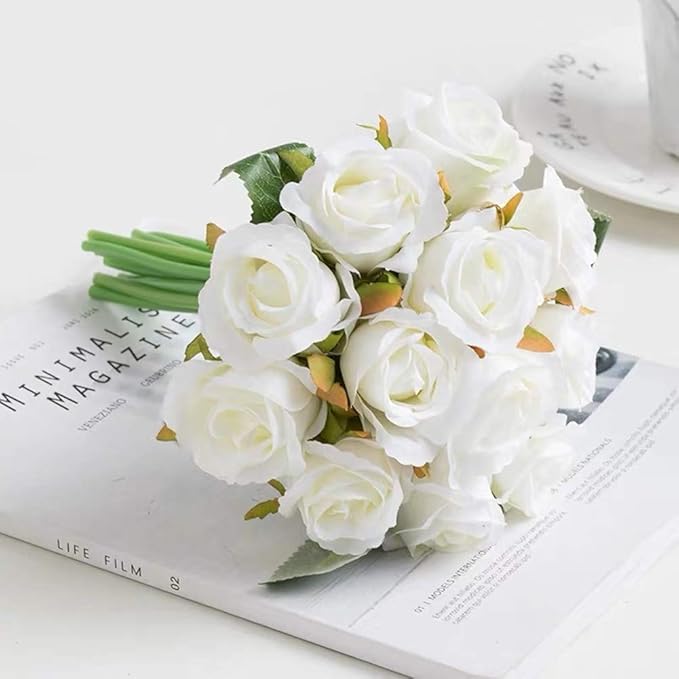 Jasion Artificial Roses Silk Flowers 12 Heads DIY Arrangement Bouquet for Home Office Parties Table Centerpieces Bridal Wedding Decoration Without Vase (Spring White)