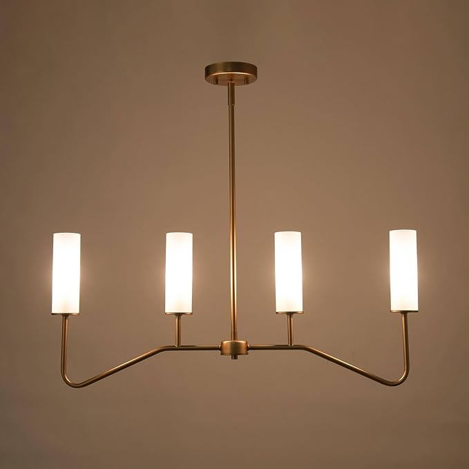 KSANA Gold Chandeliers for Dining Room, 4-Light Modern Pendant Light Fixtures, 32'' Linear Kitchen Island Lighting with Frosted Glass Shade