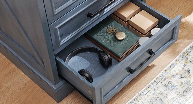 JXQTLINGMU Farmhouse End Table, 22 Inch Wide Nightstand with Drawers, Modern Side Table with Charging Station for Living Room, Blue