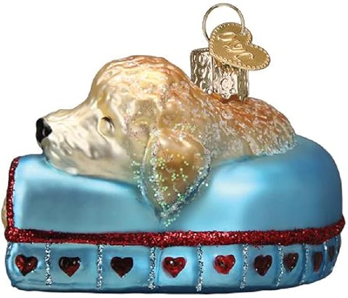 Old World Christmas Sleepy Doodle Dog Glass Blown Ornament for Christmas Tree, Handcrafted Holiday Decoration, Dog Collection