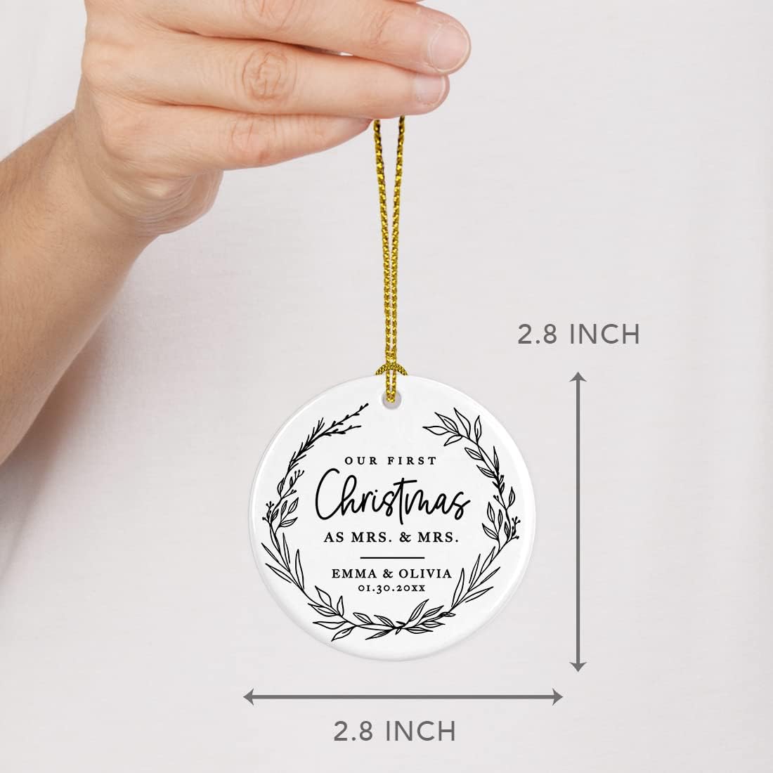 Andaz Press Personalized Our First Christmas As Mrs. & Mrs. 2025 Christmas Ornaments Modern Farmhouse Wreath 2.8" Round Porcelain Ceramic Lesbian Married Couple Gay Women Newlyweds Keepsake 1-Pack