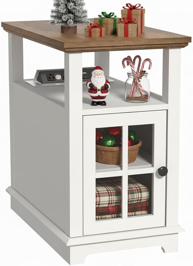 HIFYOBRO Narrow End Table with Flip Top Charging Station, Storage Side Table, Type-C & USB Port & Adjustable Shelf, White End Table Living Room & Bedroom Nightstand