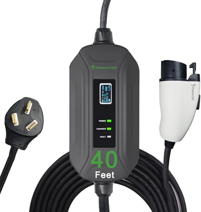 PRIMECOM Level 2 Electric Vehicle (EV) Charger (220V / 240Volt, 16Amp) Portable EVSE Smart Electric Car Charger, 30', 40', and 50 Feet Lengths (NEMA 10-50P, 40 Feet)