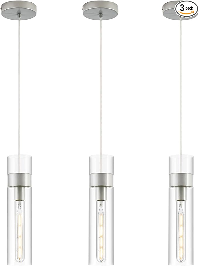 3 Pack Pendant Lights Kitchen Island (Bulbs Included), Brushed Nickel Adjustable Modern Glass Pendant Light Over Island, Industrial Pendant Light Fixtures for Dining Room Hallway Bedroom Living Room