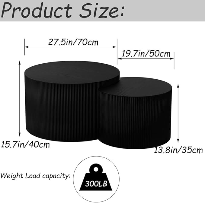 Modern Round Nesting Coffee Table Round Black Fluted Coffee Tables Set of 2 Drum Crescent Side Table Accent End Tables for Living Room, No Assembly Required,Black