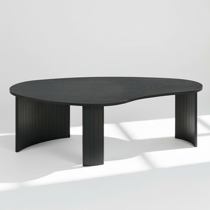 Modern Black Wood Coffee Table 47.25 Inch for Living Room, Sturdy Center Table with Irregular Mango Top and Fluted Legs for Small Apartment