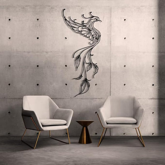 NORTH KAISER Metal Wall Art | Minimalist Phoniex Wall Decor | Black Wall Sculpture for Bedroom Living Room Home Office (70.8'' x 31.5'')