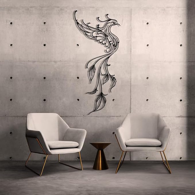 NORTH KAISER Metal Wall Art | Minimalist Phoniex Wall Decor | Black Wall Sculpture for Bedroom Living Room Home Office (23,6'' x 10,2'' IN)