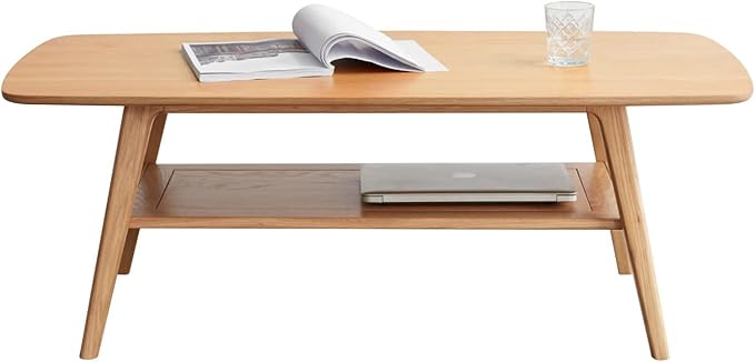 Mid Century Modern Coffee Table: 100% Solid Wood Coffee Table - 2-Tier Storage Design - Practical Coffee Tables for Living Room, Apartment, Easy Assembly (Natural, 47.24")