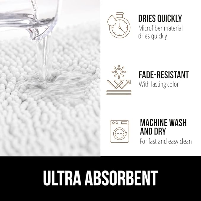 GORILLA GRIP Bath Rug Mat 54x24, Thick Soft Absorbent Chenille, Quick Dry Microfiber Mats, Rubber Backing Washable Shower Floor Rugs, Bathmat Runner, US Designed Bathroom Home Decor Accessories White