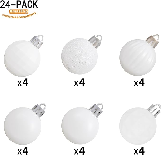 XmasExp 24ct Christmas Ball Ornaments Shatterproof Christmas Ornaments Set Decorations for Xmas Tree Balls Halloween Decorations (1.57''/40mm, White)