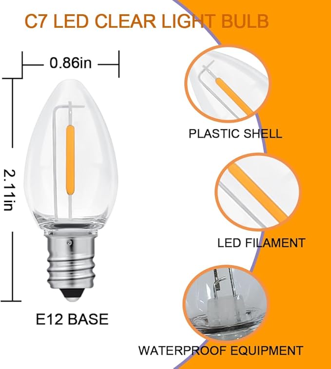 NETEHA 50 Pack C7 Clear Led Replacement Christmas Light Bulb, C7 E12 Base 120V Waterproof Led Bulbs for Christmas Outdoor String Lights, Halloween Decoration Bulb