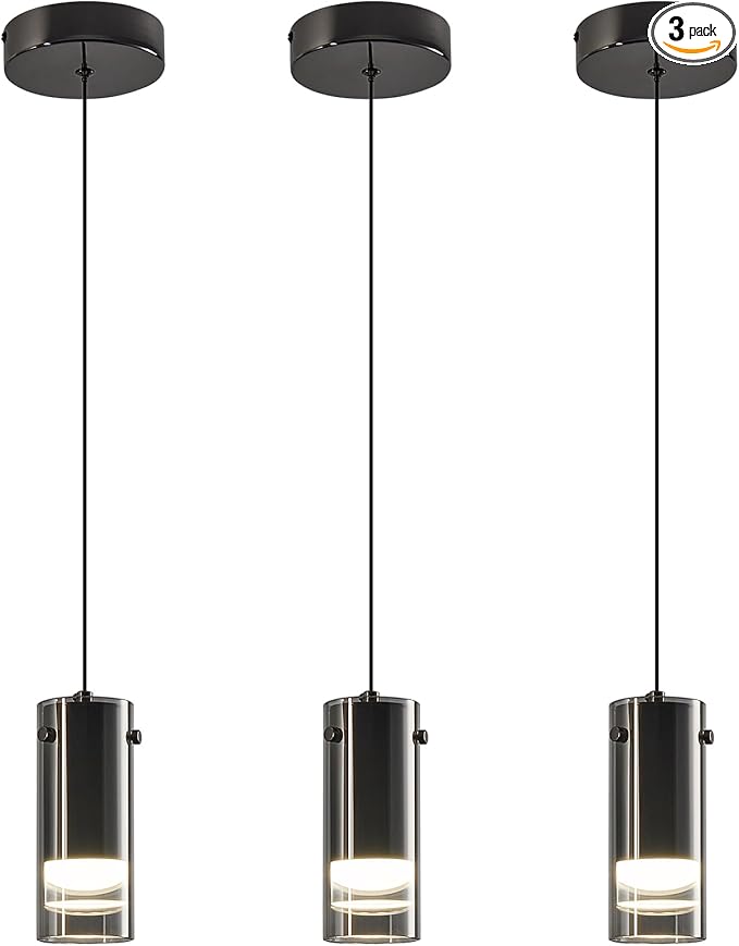 Black Pendant Light Fixtures, Adjustable Modern LED Smoky Gray Glass Pendant Lights for Kitchen Island, Single Hanging Pendant Lighting for Dining Table Hallway Bedroom Living Room(3-Pack)