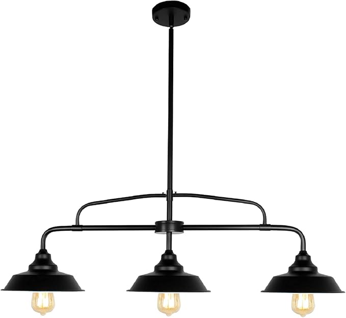 Modern Farmhouse Black Pendant Lighting Fixture, 3-Lights Industrial Linear Chandelier Metal Hanging Lamp for Kitchen Island Dining Room Living Room Hallway Pool Table