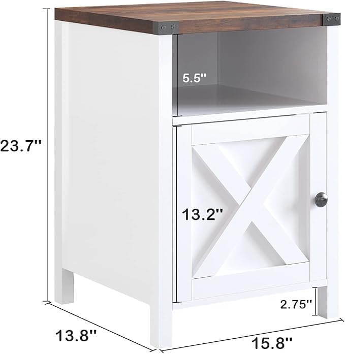 Catrimown Farmhouse End Table, Nightstand Set of 2, Rustic Night Stand with Barn Door and Storage Shelf, White End Table, Side Table for Bedroom Living Room, Cream White